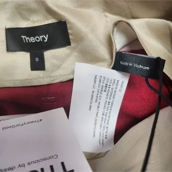 NWT Theory Red Pink Ruby Melange Sleek Flannel Wide Leg Belted Pants Size 0